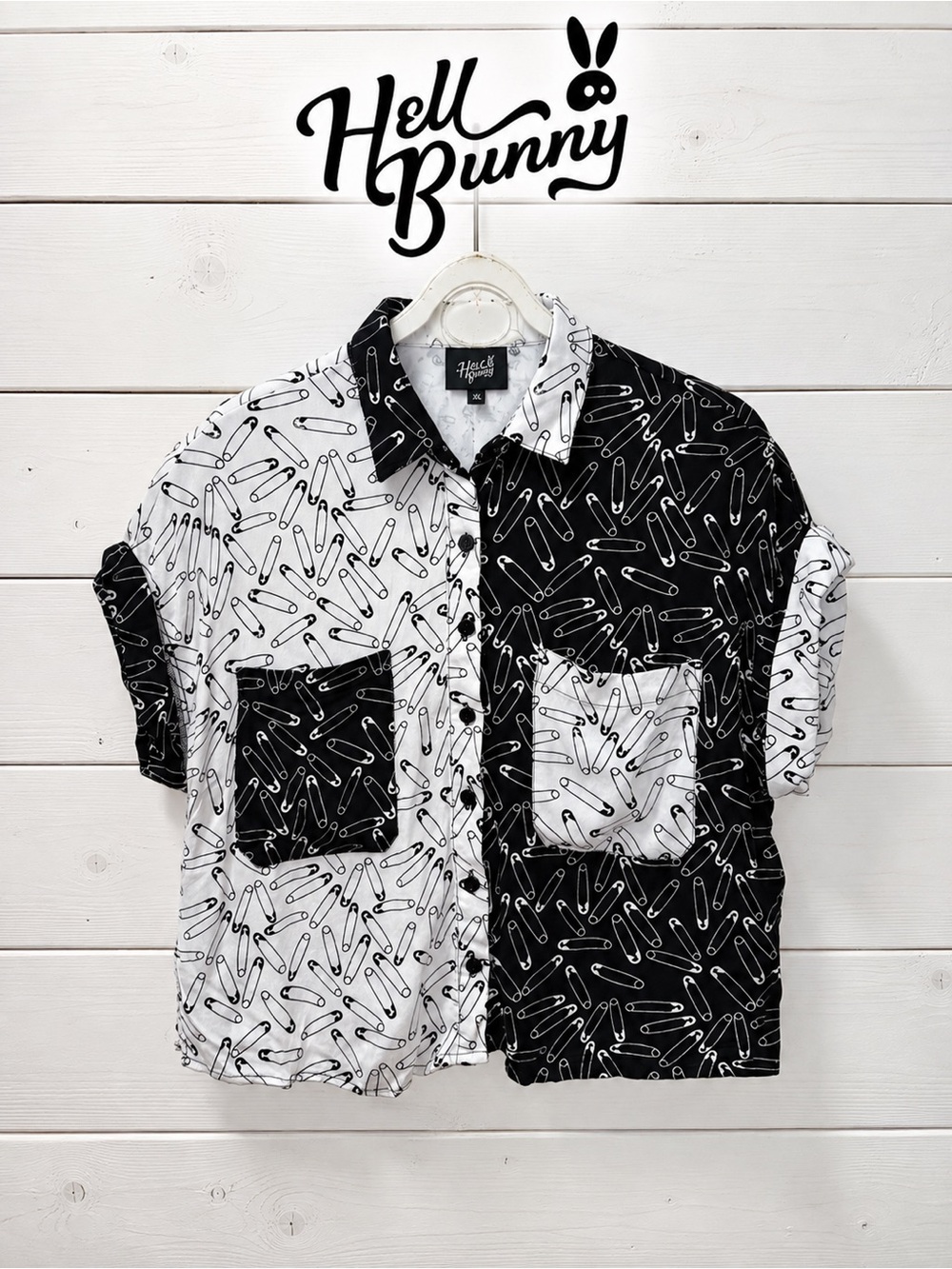 Hell Bunny Black & White Safety Pin Print Shirt – Size S